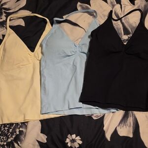 Set of Three Halter Tops in Yellow, Blue, and Black